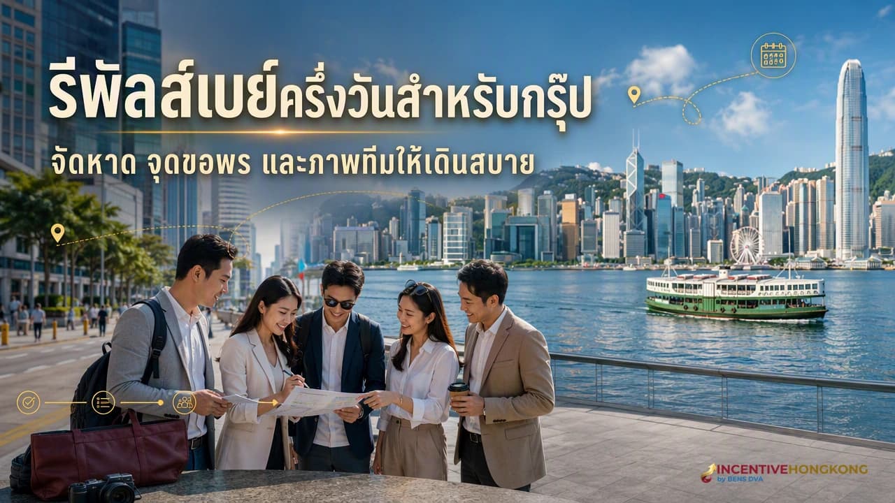 ภาพปกกรุ๊ปบริษัทไทยเดินบนทางริมหาดรีพัลส์เบย์ โดยมีทะเลและศาลทินโห่วกับกวนอิมเป็นบริบท
