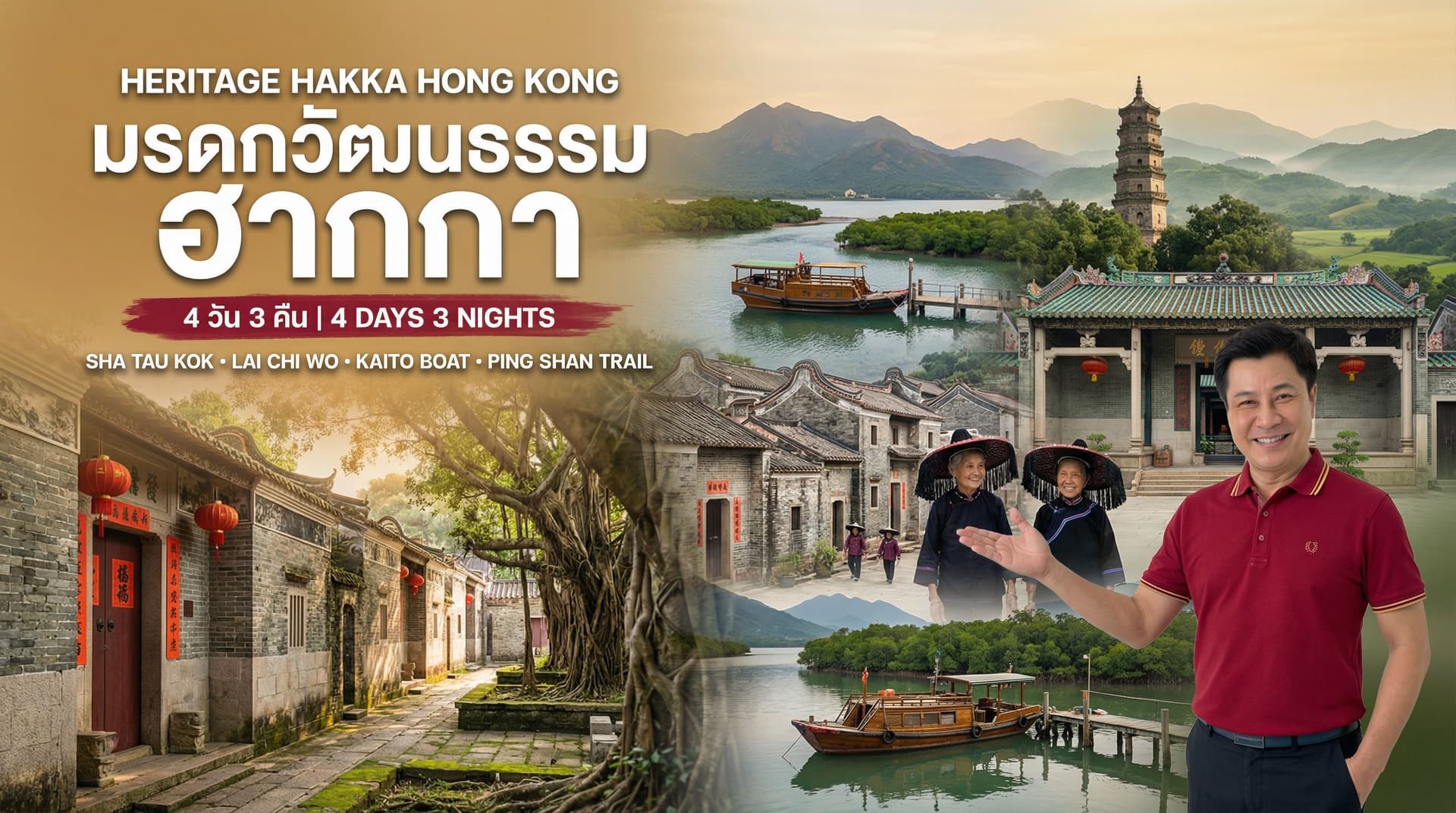 มรดกวัฒนธรรมฮากกาฮ่องกง หมู่บ้าน Lai Chi Wo Sha Tau Kok เรือไคโต้ Ping Shan Heritage Trail