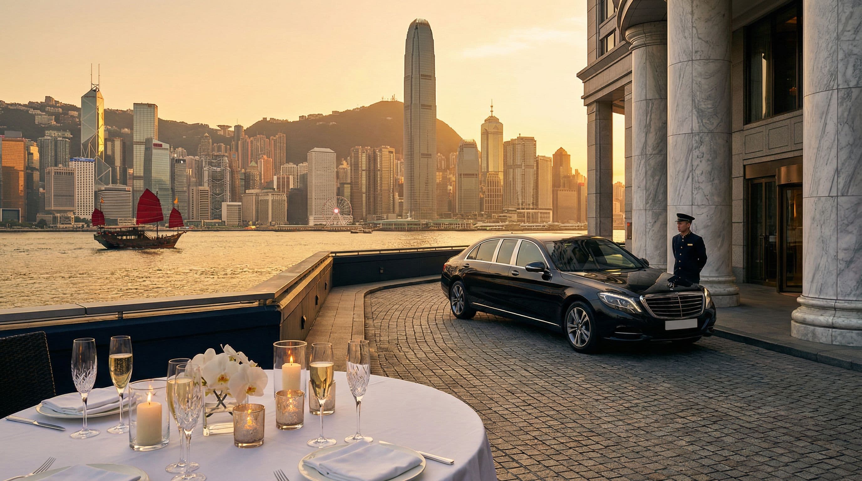 Hong Kong luxury private VIP tour rooftop dining table champagne orchids black Mercedes limousine chauffeur red junk boat Victoria Harbour IFC skyline golden sunset